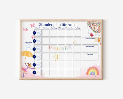 Stundenplan mit 70 Schulfach Kärtchen, personalisiert, Stundentafel laminiert abwischbar magnetisch, Geschenk Einschulung "Heissluftballon"