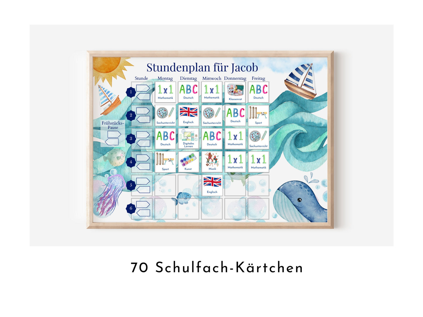 Stundenplan mit 70 Schulfach Kärtchen, personalisiert für die Grundschule, laminiert magnetisch, Geschenkidee Einschulung "Segelboote"