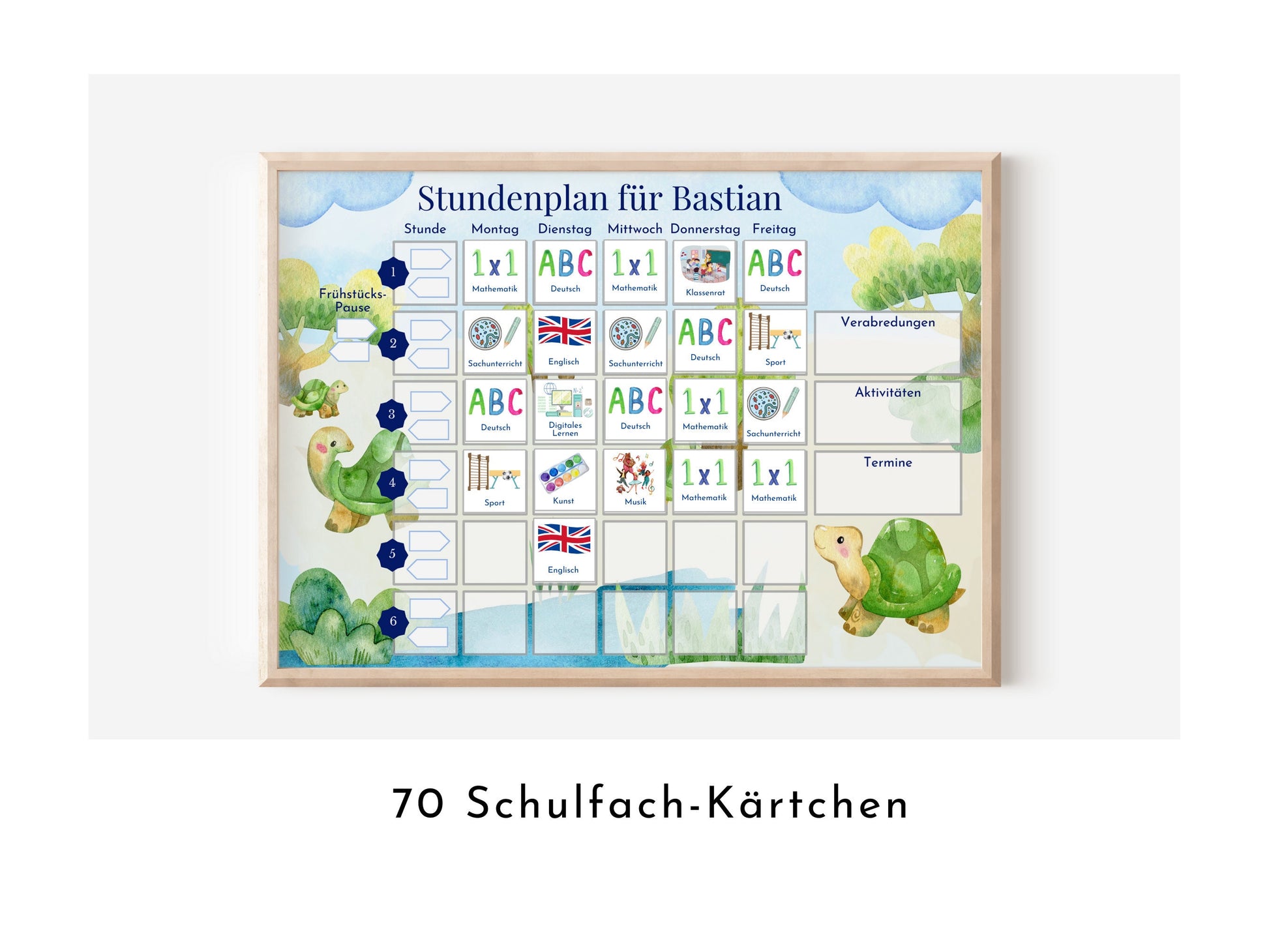 Stundenplan mit 70 Schulfach Kärtchen, personalisiert, Stundentafel laminiert abwischbar magnetisch, Geschenk Einschulung "Schildkröten"