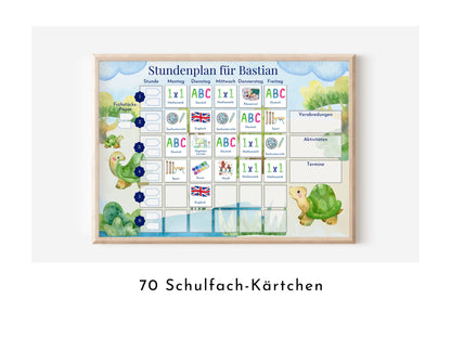 Stundenplan mit 70 Schulfach Kärtchen, personalisiert, Stundentafel laminiert abwischbar magnetisch, Geschenk Einschulung "Schildkröten"