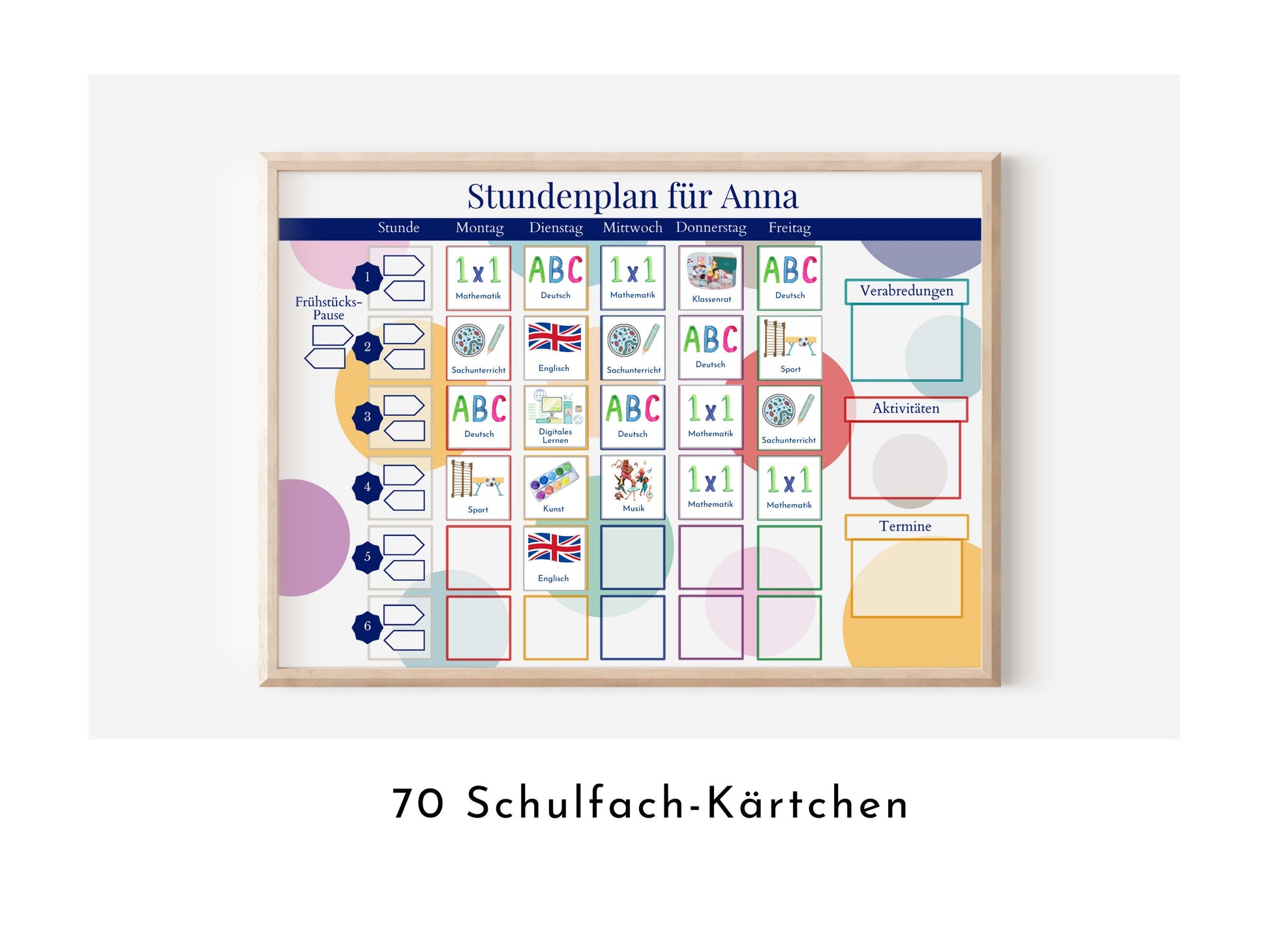 Stundenplan mit 70 Schulfach Kärtchen, personalisiert für die Grundschule, laminiert magnetisch, Geschenk Einschulung "Bunte Kreise"