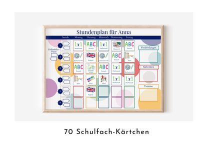 Stundenplan mit 70 Schulfach Kärtchen, personalisiert für die Grundschule, laminiert magnetisch, Geschenk Einschulung "Bunte Kreise"