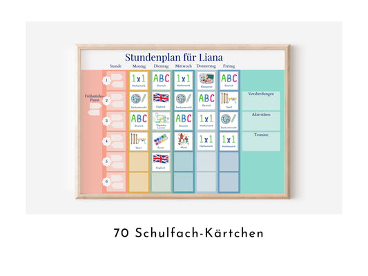 Stundenplan mit 70 Schulfach Karten, personalisiert für die Grundschule, optional magnetisch, Geschenkidee Einschulung "Regenbogen"