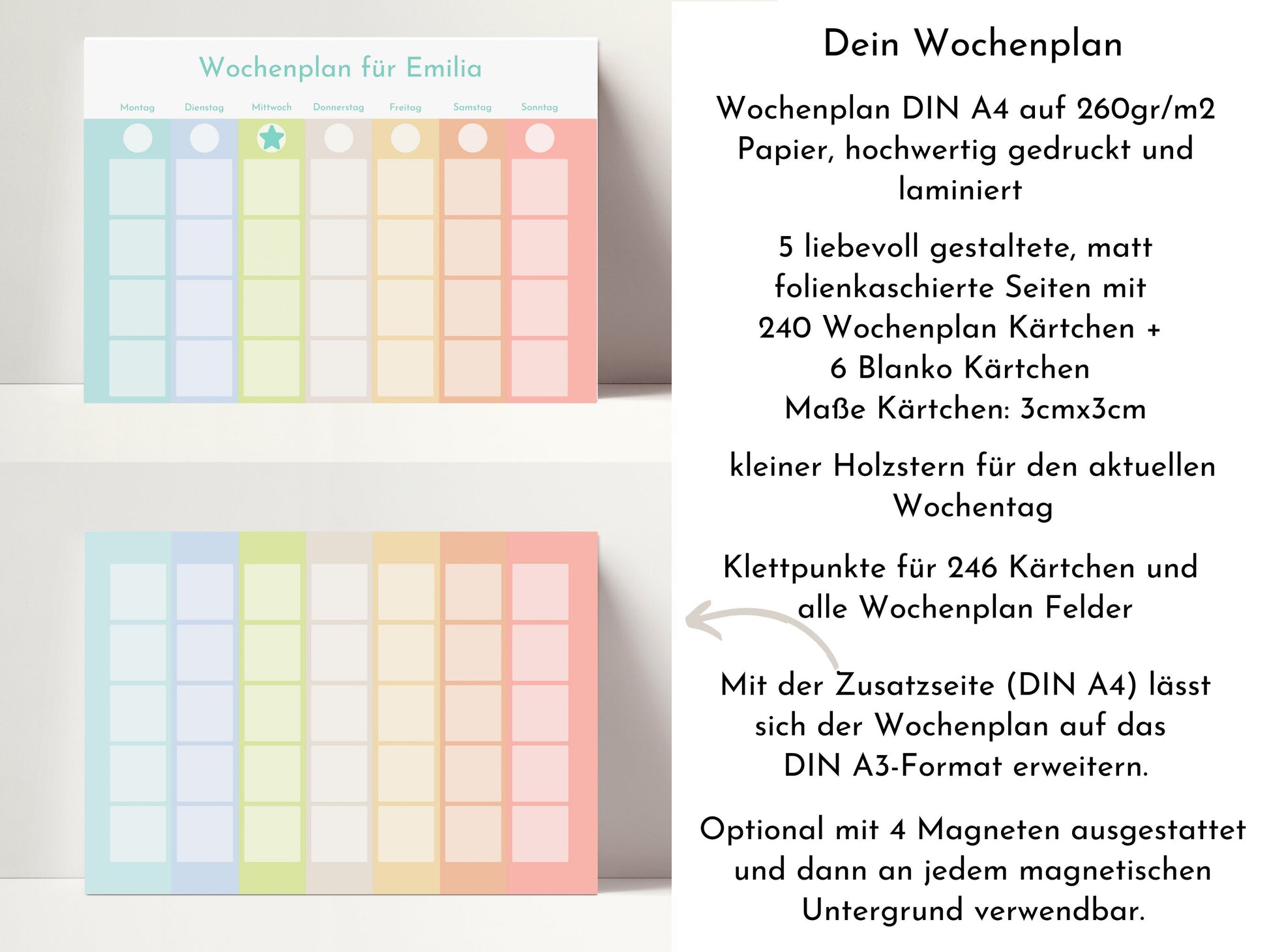 Montessori Wochenplan "Gelato", Kinder und Teenager, mit Name personalisiert, 246 Routine Karten, laminiert, magnetisch, Klett, Routineplan