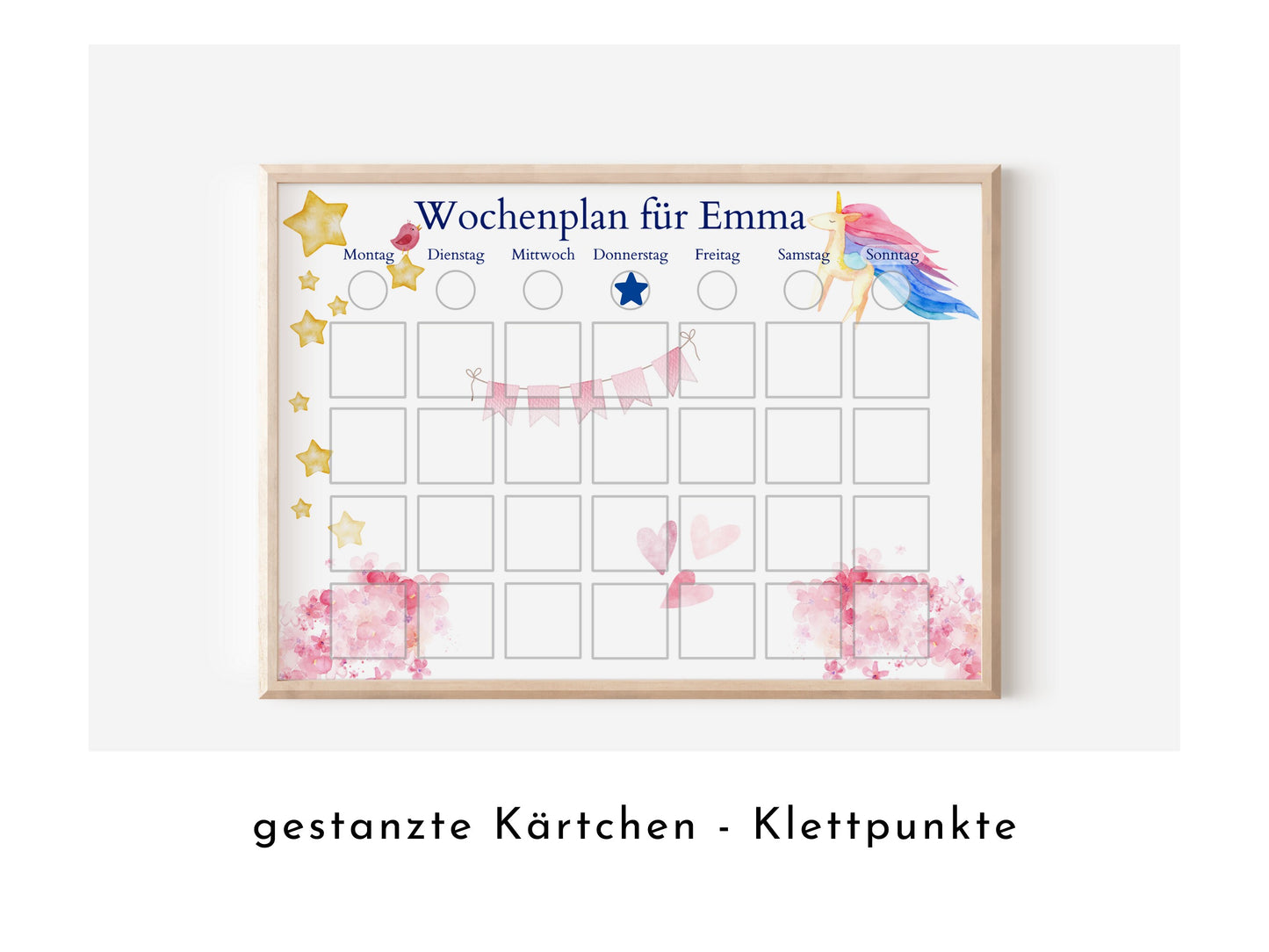 Wochenplan "Einhorn" personalisiert für Kinder, Routineplan mit 246 Routine Karten, laminiert magnetisch, Geschenkidee Geburtstag Kinder