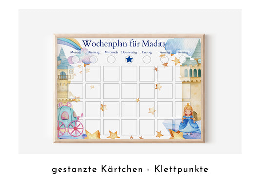 Wochenplaner mit 246 Routine Karten, personalisiert für Kinder, Geschenkidee 1. Geburtstag, laminiert magnetisch, Wochenplan "Prinzessin"