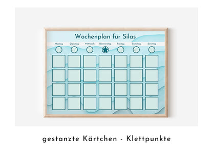 Wochenplan "Aquamarin" mit Name personalisiert, 246 Routine Karten, laminiert magnetisch Klett, Routineplan für Kinder und Jugendliche