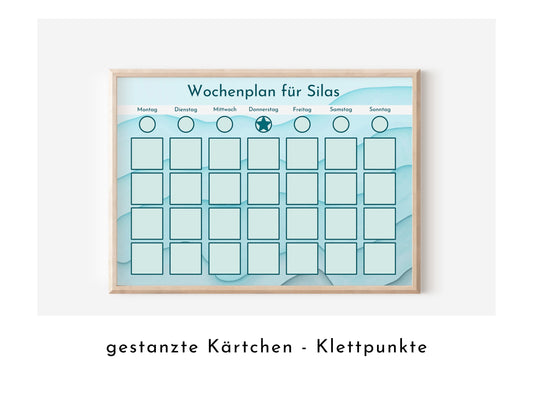 Wochenplan "Aquamarin" mit Name personalisiert, 246 Routine Karten, laminiert magnetisch Klett, Routineplan für Kinder und Jugendliche