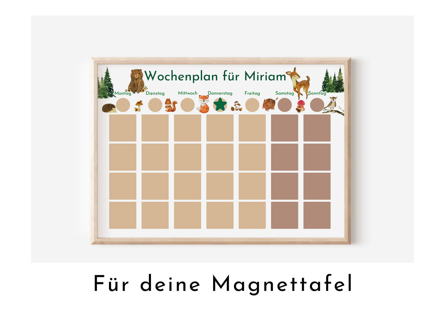 Personalisierter Magnetboard Wochenplan "Wald und Wiese" für Kinder, 246 Routine Karten, Tagesplan mit 40-100 Magneten, Montessori Routine