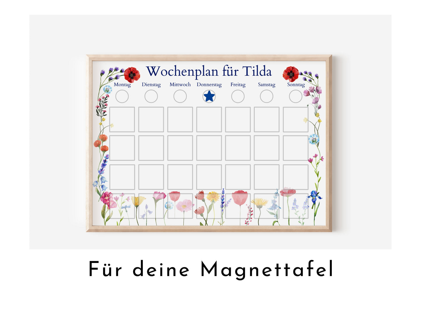 Magnetboard Wochenplan "Blumen" personalisiert für Kinder und Teenager, 246 Routine Karten, 40-80 Neodym-Magnete, Montessori Routineplan