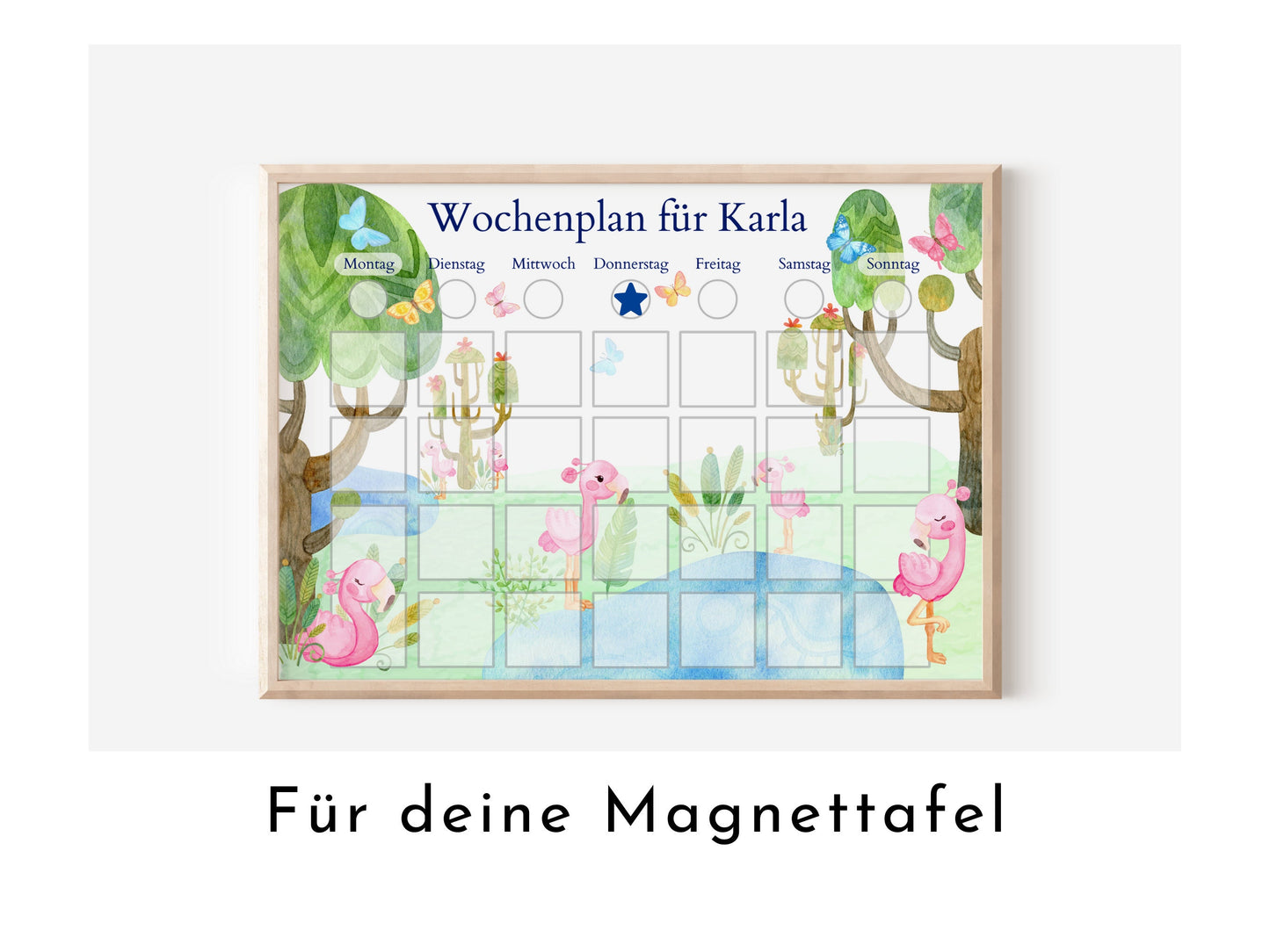 Magnetboard Wochenplan "Flamingo" personalisiert für Kinder und Teenager, 246 Routine Karten, Neodym-Magnete, Montessori Routineplan