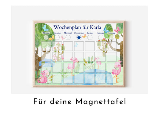 Magnetboard Wochenplan "Flamingo" personalisiert für Kinder und Teenager, 246 Routine Karten, Neodym-Magnete, Montessori Routineplan