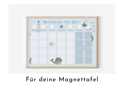 Magnetboard Wochenplan "Seaside" personalisiert für Kinder, 246 Routine Karten, Neodym-Magnete, Montessori Routineplan von Familie Nordstern