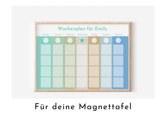 Personalisierter Magnetboard Wochenplan "Morgentau" für Kinder, 246 Routine Karten, 40-100 Magnete, Montessori Routineplan Familie Nordstern