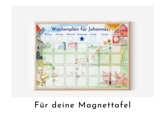 Magnetboard Wochenplan "Bauernhof" personalisiert für Kinder und Teenager, 246 Routine Karten, Neodym-Magnete, Montessori Routineplan