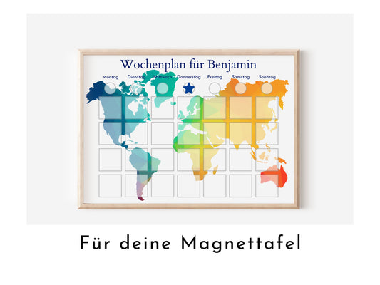 Magnetboard Wochenplan "Weltkarte" personalisiert für Kinder und Teenager, 246 Routine Karten, Neodym-Magnete, Montessori Routineplan