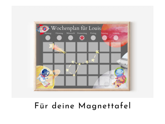 Magnetboard Wochenplan "Universum" personalisiert für Kinder und Teenager, 246 Routine Karten, Tagesplan mit 40-80 Magneten, Routineplan