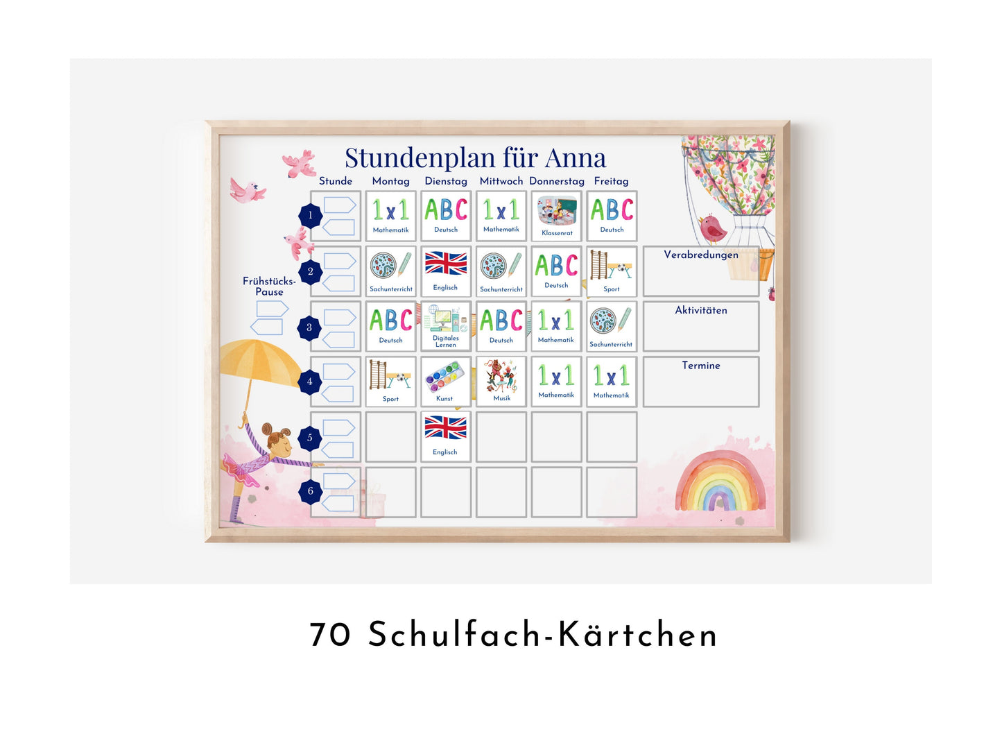 Stundenplan mit 70 Schulfach Kärtchen, personalisiert, Stundentafel laminiert abwischbar magnetisch, Geschenk Einschulung "Heissluftballon"