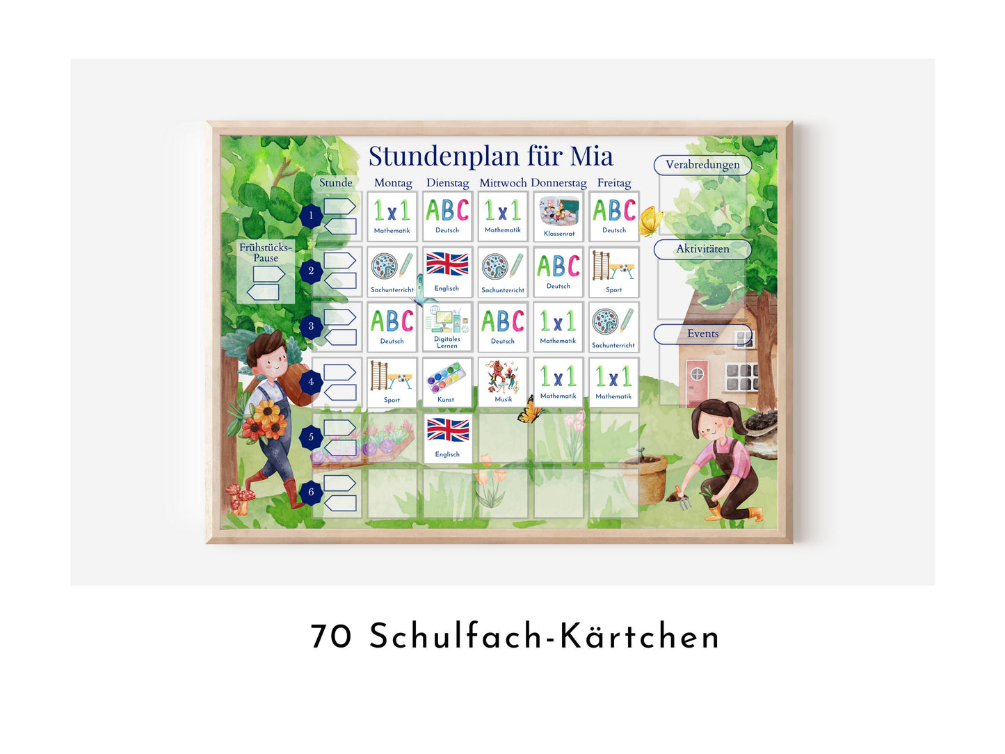 Stundenplan mit 70 Schulfach-Kärtchen, personalisiert, abwischbar laminiert magnetisch, Einschulung Schulanfang Geschenk "Garten"