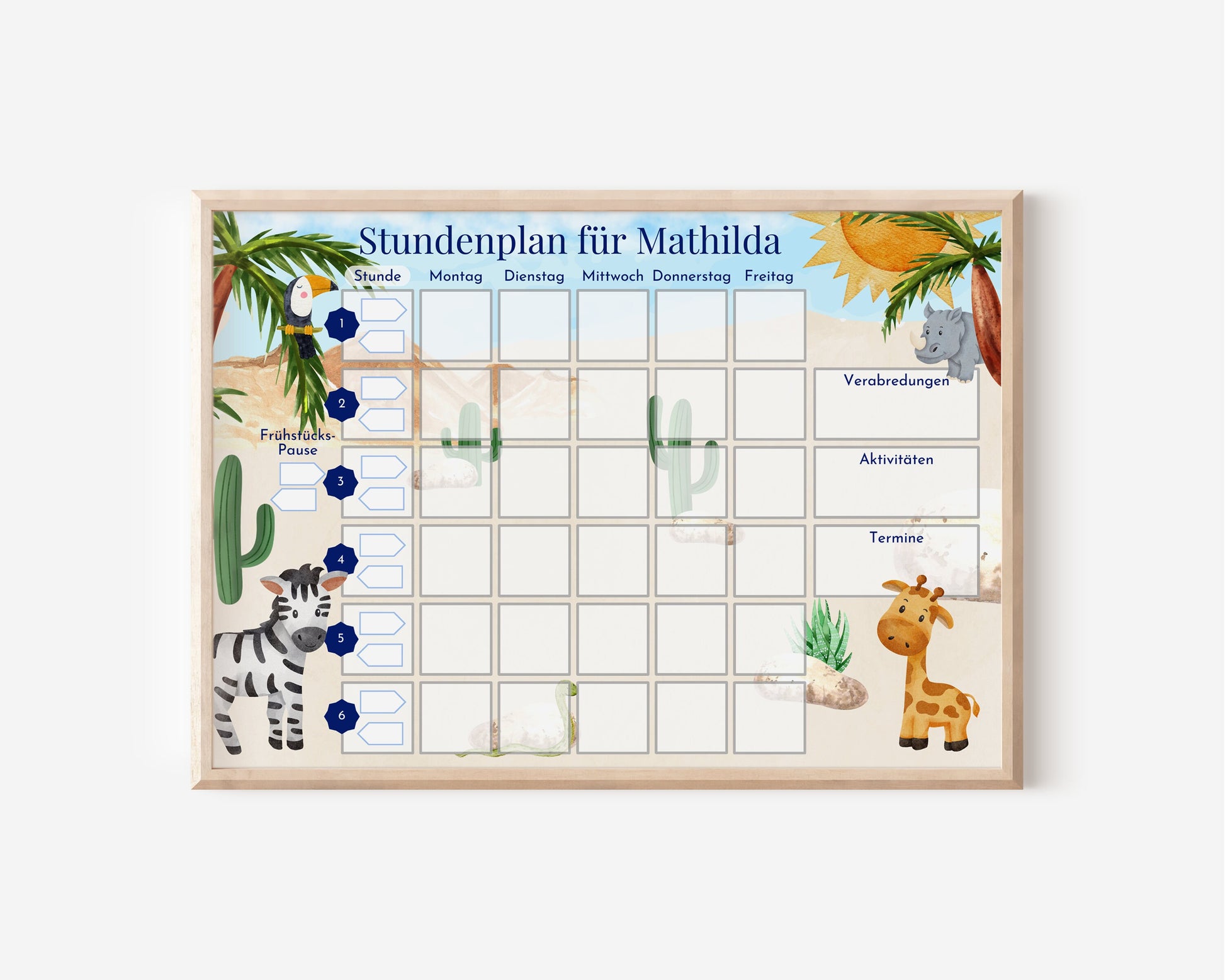 Grundschul-Stundenplan "Zebra und Giraffe" für die erste Klasse mit 70 Schulfach Karten, laminiert, magnetisch, Geschenkidee Einschulung