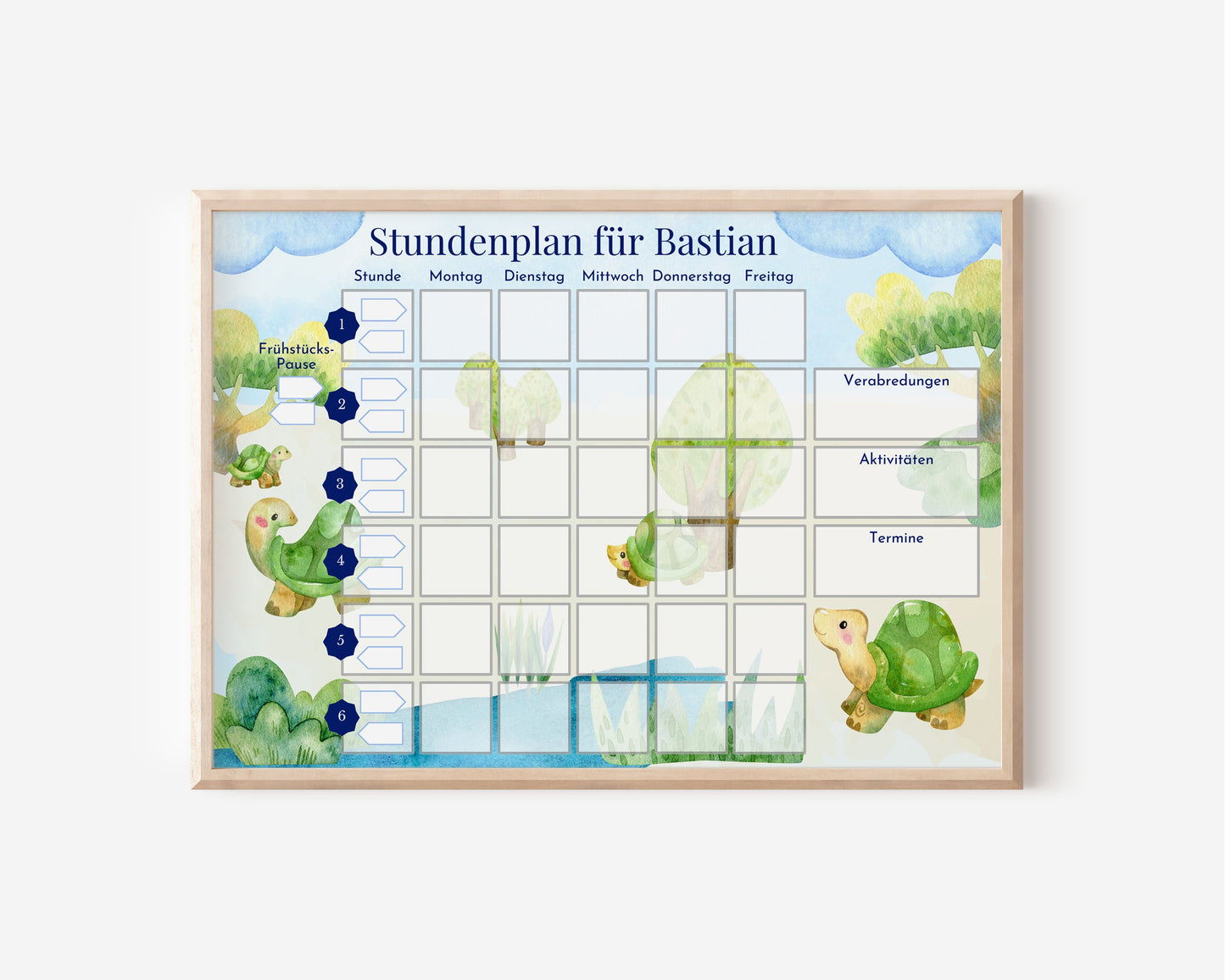 Stundenplan mit 70 Schulfach Kärtchen, personalisiert, Stundentafel laminiert abwischbar magnetisch, Geschenk Einschulung "Schildkröten"