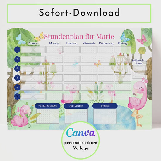 Stundenplan mit Namen personalisierbar I Sofort-Download IGeburtstag Geschenk Mitbringsel I Stundenplan DIN  A4 I Flamingo