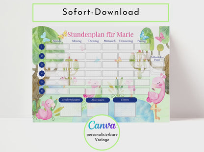 Stundenplan mit Namen personalisierbar I Sofort-Download IGeburtstag Geschenk Mitbringsel I Stundenplan DIN  A4 I Flamingo