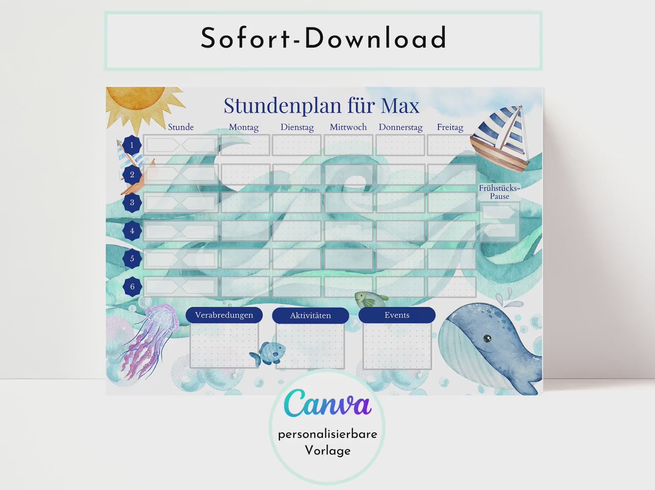 Stundenplan mit Namen personalisierbar I Tagesplan Schule Sofort-Download I Kinder Geburtstag Geschenk I Stundenplan DIN A4 I Schulanfang