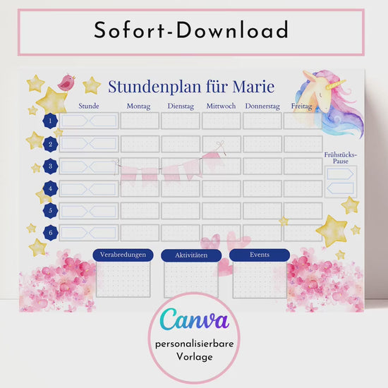 Stundenplan mit Namen personalisierbar I Tagesplan Schule Sofort-Download I Kinder Geburtstag Geschenk I Stundenplan digital für Goodnotes