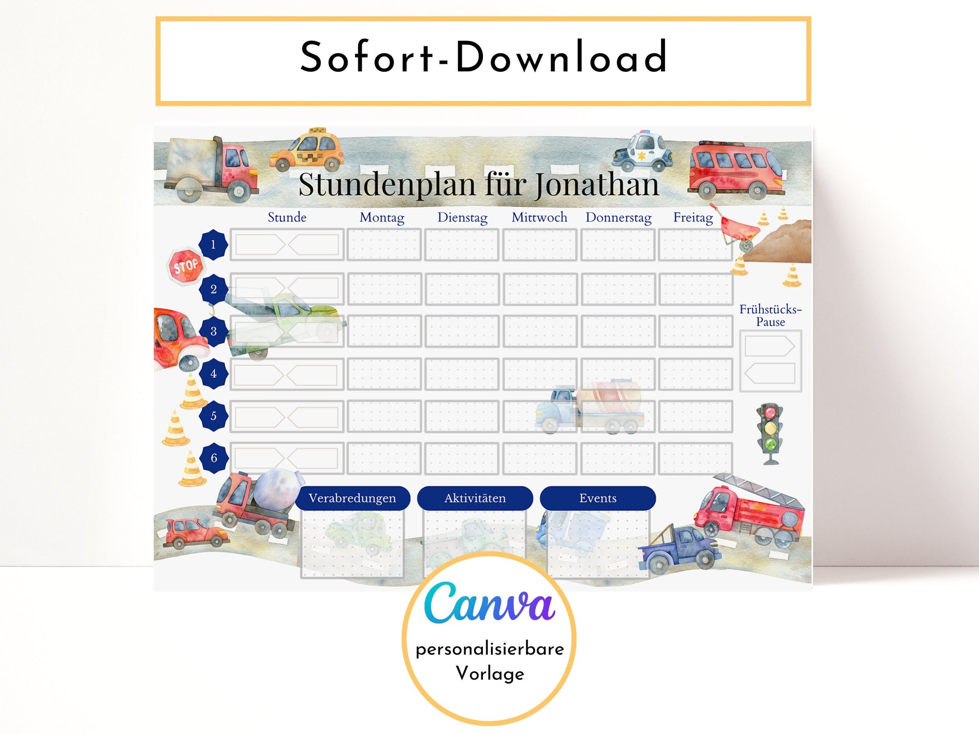 Stundenplan mit Namen personalisierbar I Tagesplan Schule Sofort-Download I Kinder Geburtstag Geschenk I Stundenplan DIN A4 I Schulanfang