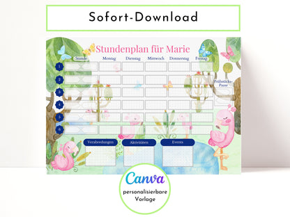 Stundenplan mit Namen personalisierbar I Sofort-Download IGeburtstag Geschenk Mitbringsel I Stundenplan DIN A4 I Flamingo