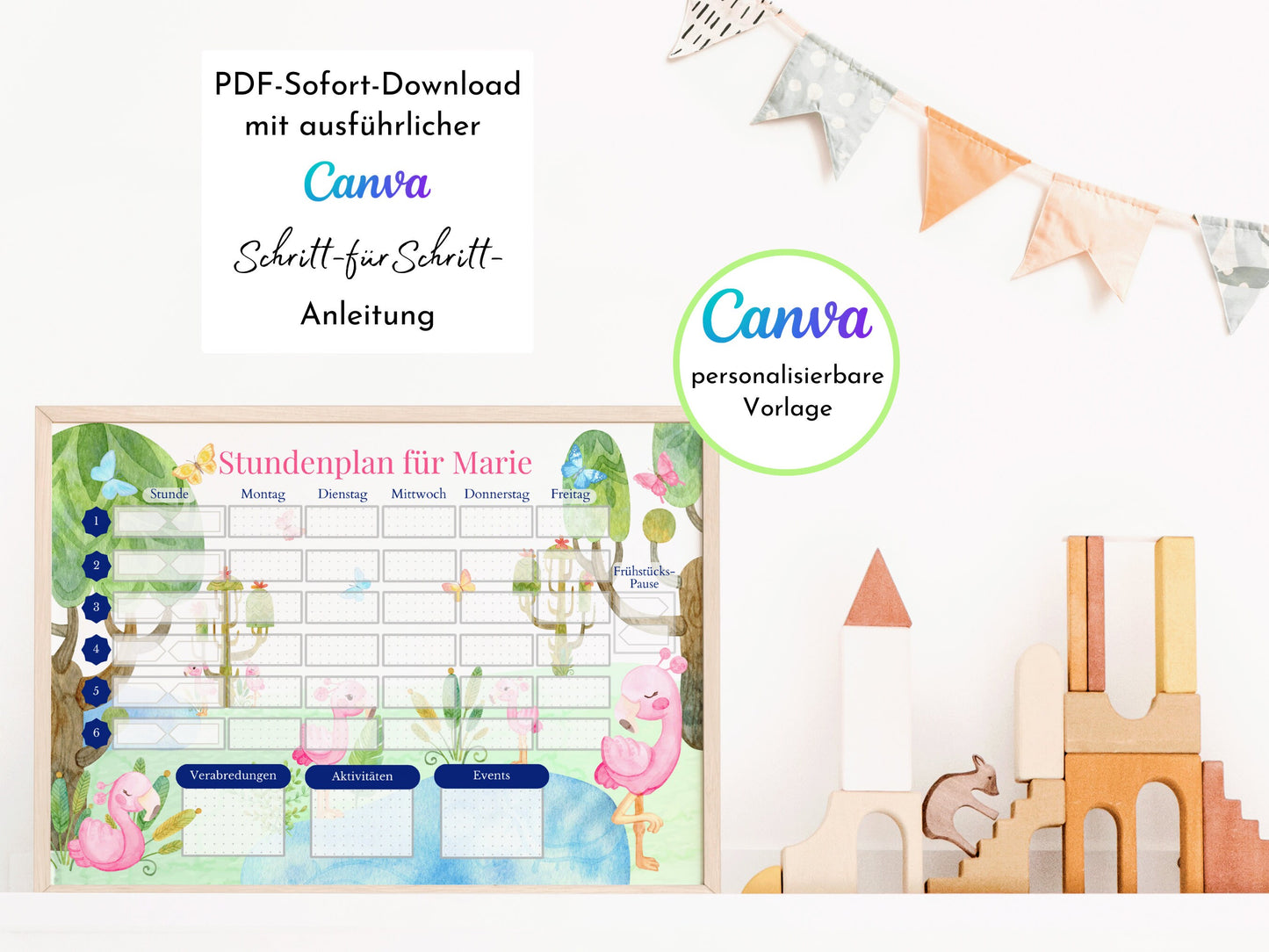 Stundenplan mit Namen personalisierbar I Sofort-Download IGeburtstag Geschenk Mitbringsel I Stundenplan DIN A4 I Flamingo