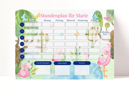 Stundenplan mit Namen personalisierbar I Sofort-Download IGeburtstag Geschenk Mitbringsel I Stundenplan DIN A4 I Flamingo