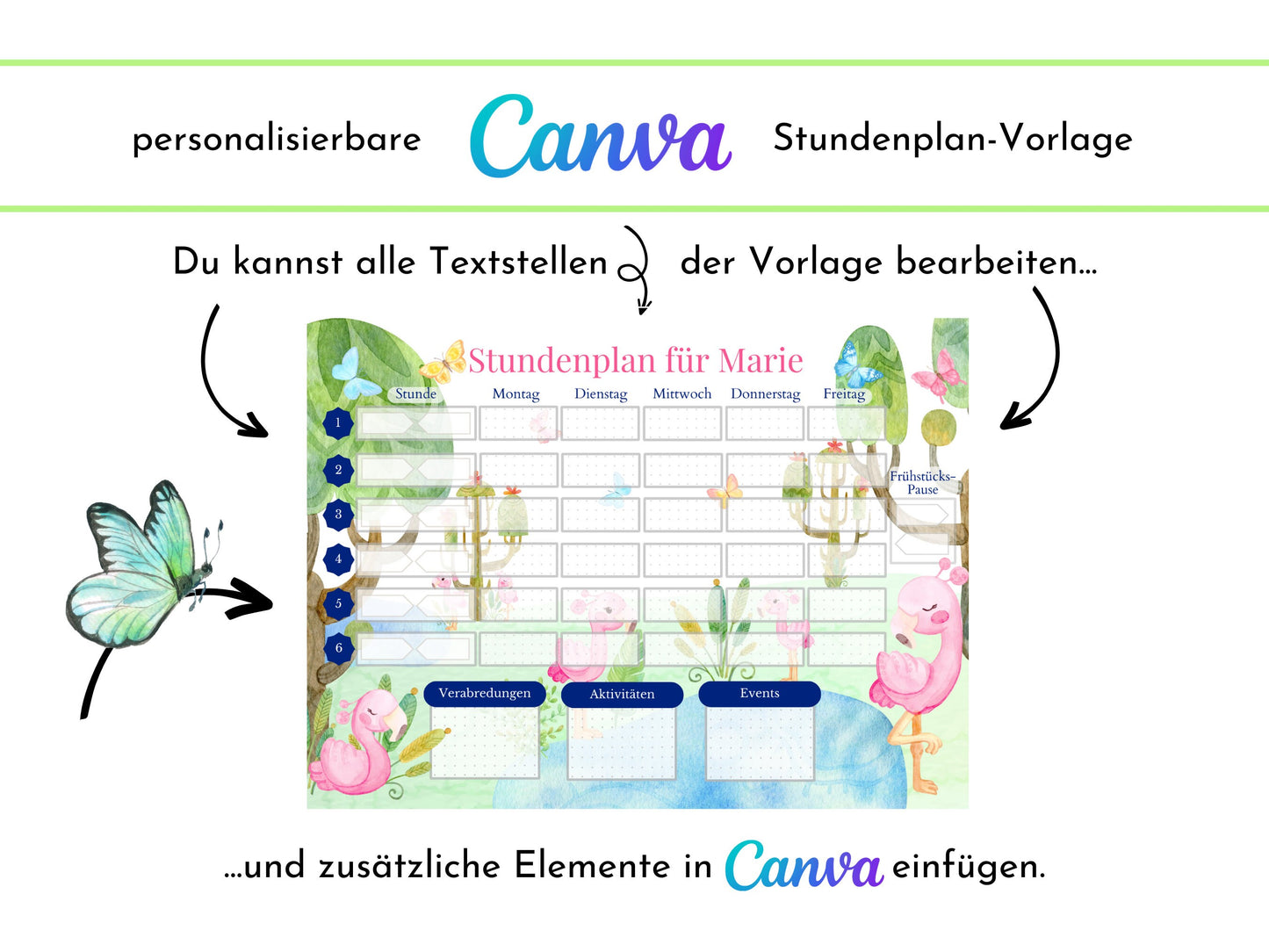 Stundenplan mit Namen personalisierbar I Sofort-Download IGeburtstag Geschenk Mitbringsel I Stundenplan DIN A4 I Flamingo