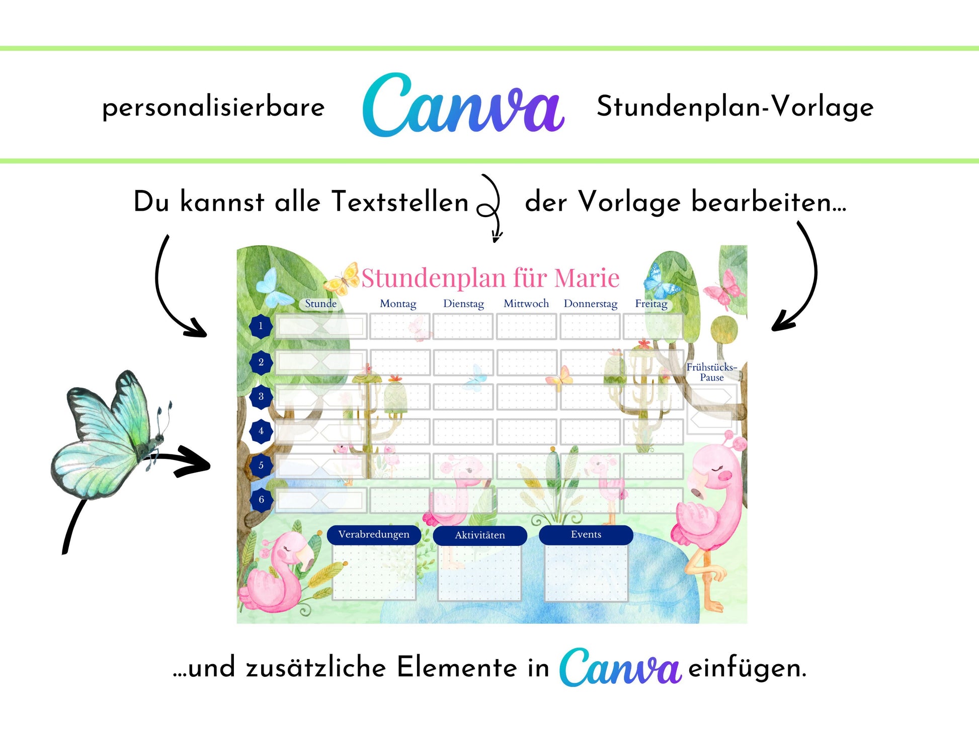 Stundenplan mit Namen personalisierbar I Sofort-Download IGeburtstag Geschenk Mitbringsel I Stundenplan DIN A4 I Flamingo