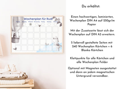 Wochenplaner für Kinder mit 246 Routine Karten, personalisiert laminiert magnetisch DIN A4, Geschenkidee 1. Geburtstag, Wochenplan "Himmel"