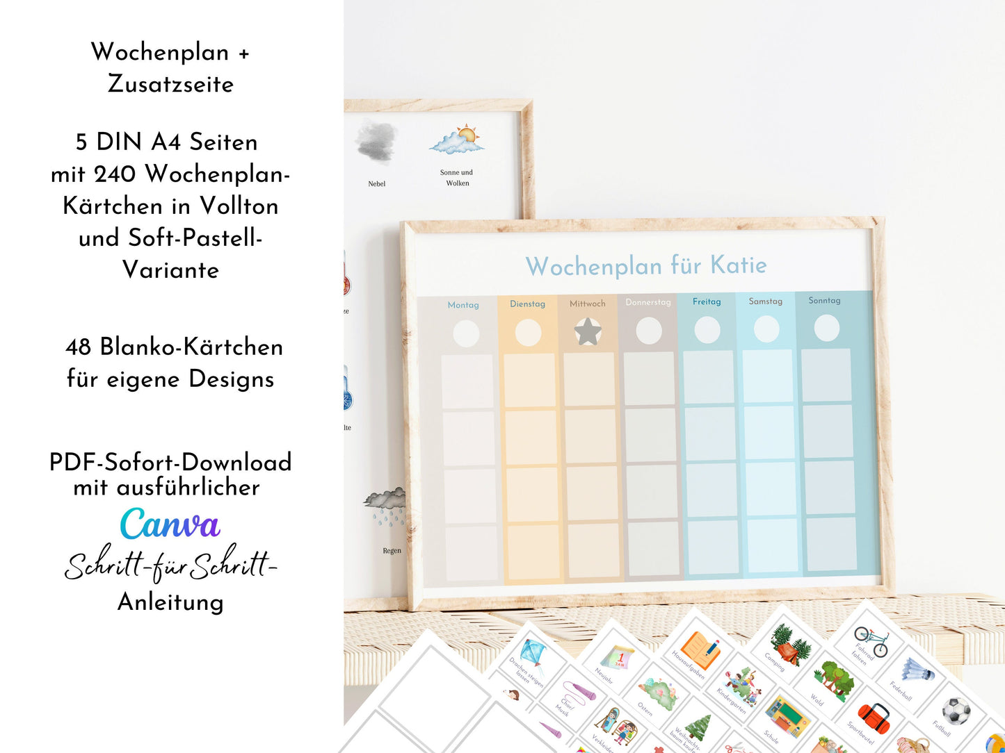 Wochenplan für Kinder, 288 Routine Karten, PDF Sofort-Download, personalisierbar, Geschenkidee Geburtstag und zum Verschenken "Farben Beach"