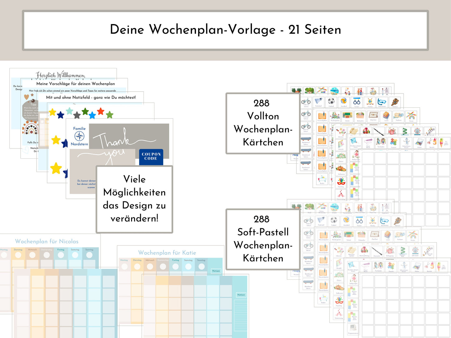 Wochenplan für Kinder, 288 Routine Karten, PDF Sofort-Download, personalisierbar, Geschenkidee Geburtstag und zum Verschenken "Farben Beach"