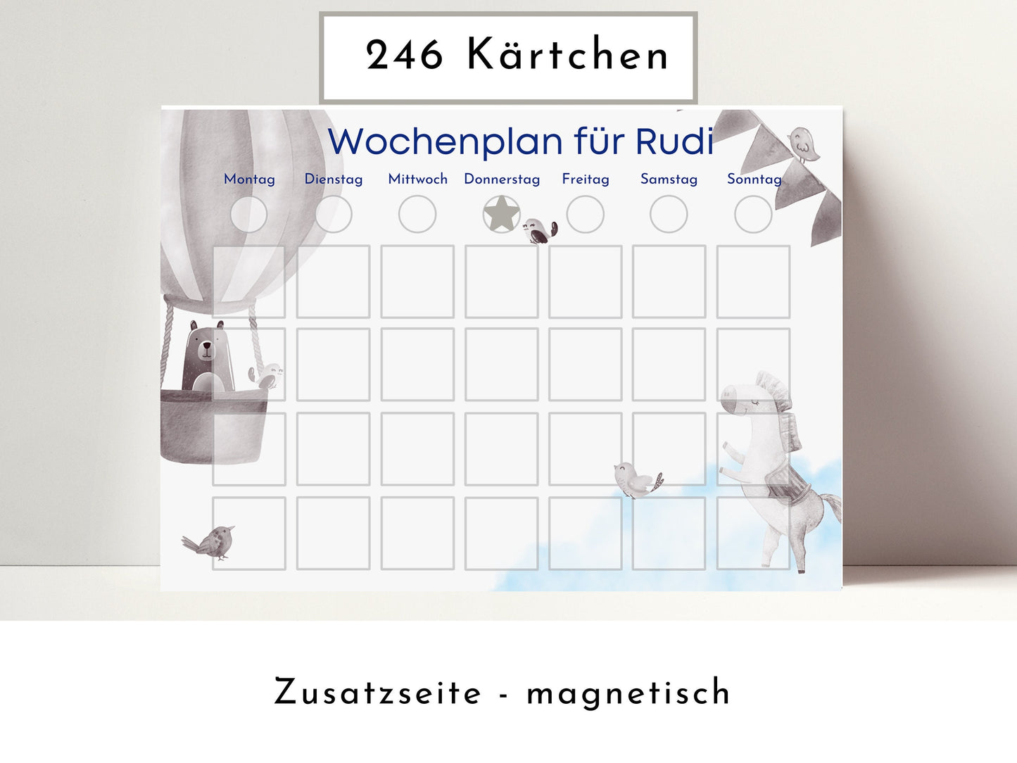 Wochenplaner für Kinder mit 246 Routine Karten, personalisiert laminiert magnetisch DIN A4, Geschenkidee 1. Geburtstag, Wochenplan "Himmel"