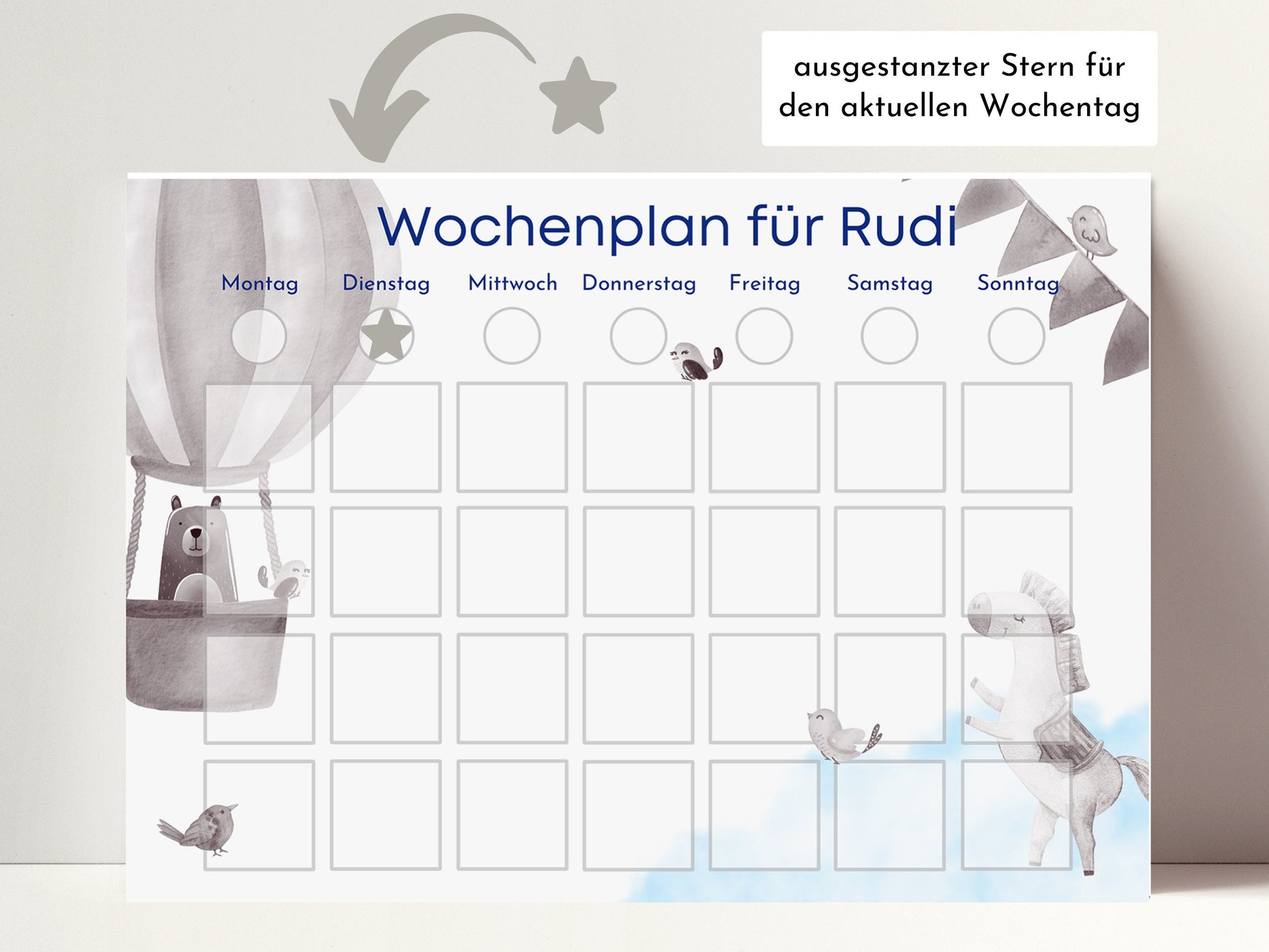 Wochenplaner für Kinder mit 246 Routine Karten, personalisiert laminiert magnetisch DIN A4, Geschenkidee 1. Geburtstag, Wochenplan "Himmel"