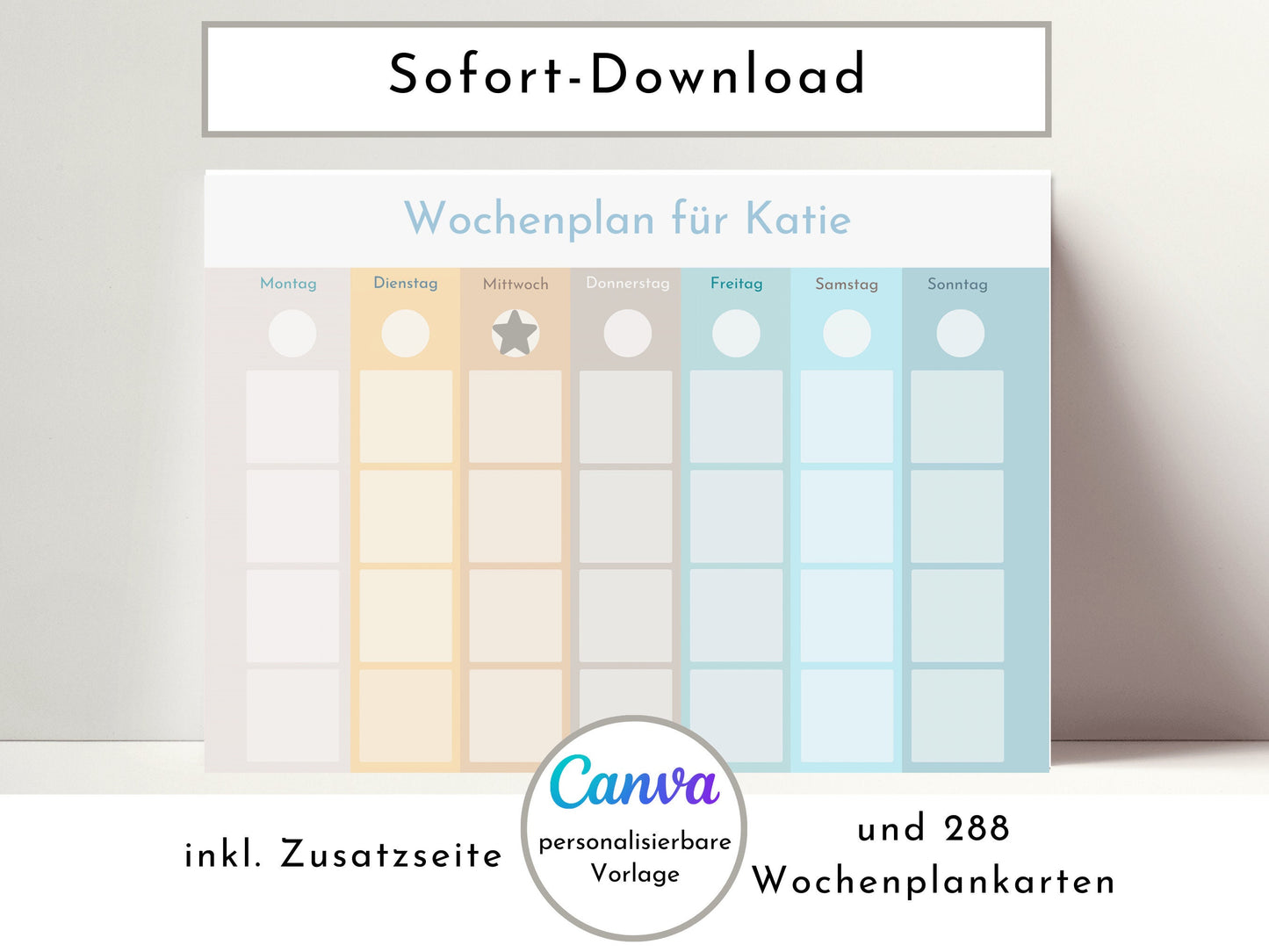 Wochenplan für Kinder, 288 Routine Karten, PDF Sofort-Download, personalisierbar, Geschenkidee Geburtstag und zum Verschenken "Farben Beach"