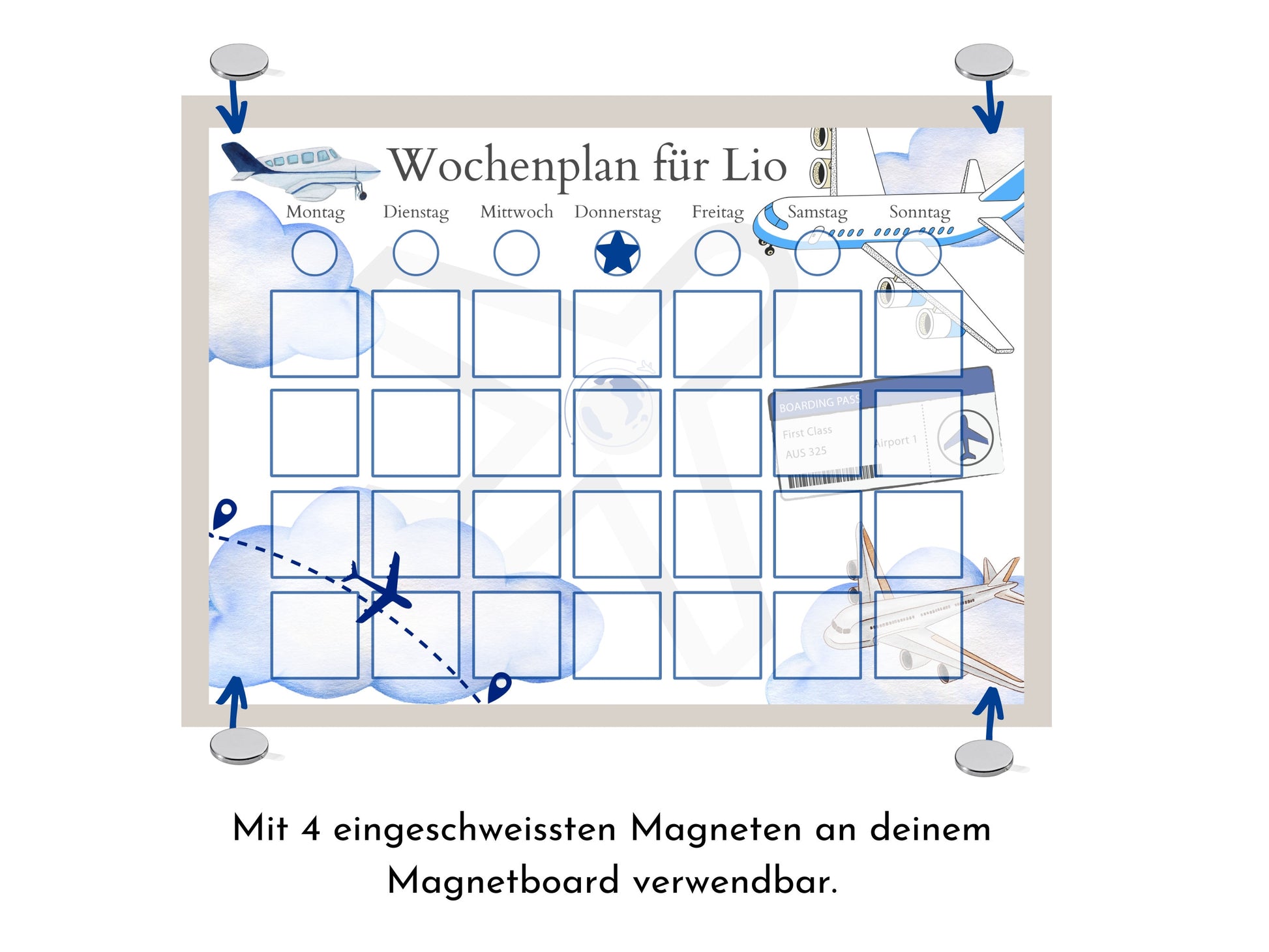 Personalisierter Wochenplan "Flugzeuge" für Kinder, 246 Kärtchen, laminiert, magnetisch, Routineplan nach Montessori von Familie Nordstern