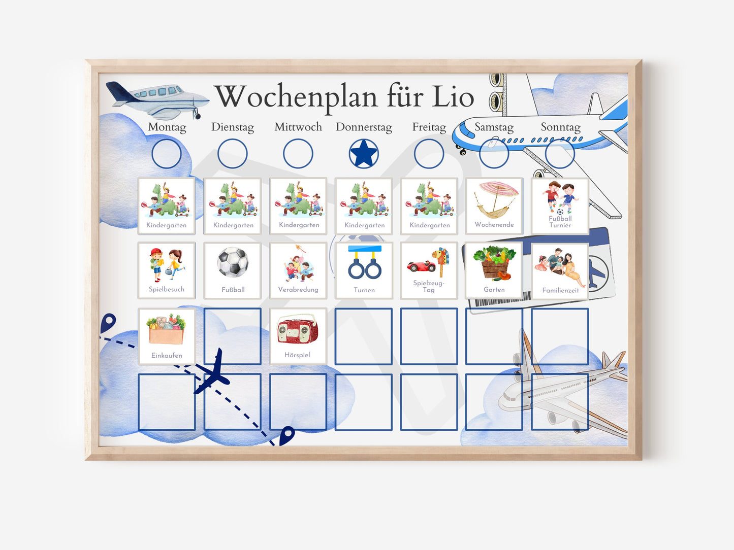 Personalisierter Wochenplan "Flugzeuge" für Kinder, 246 Kärtchen, laminiert, magnetisch, Routineplan nach Montessori von Familie Nordstern