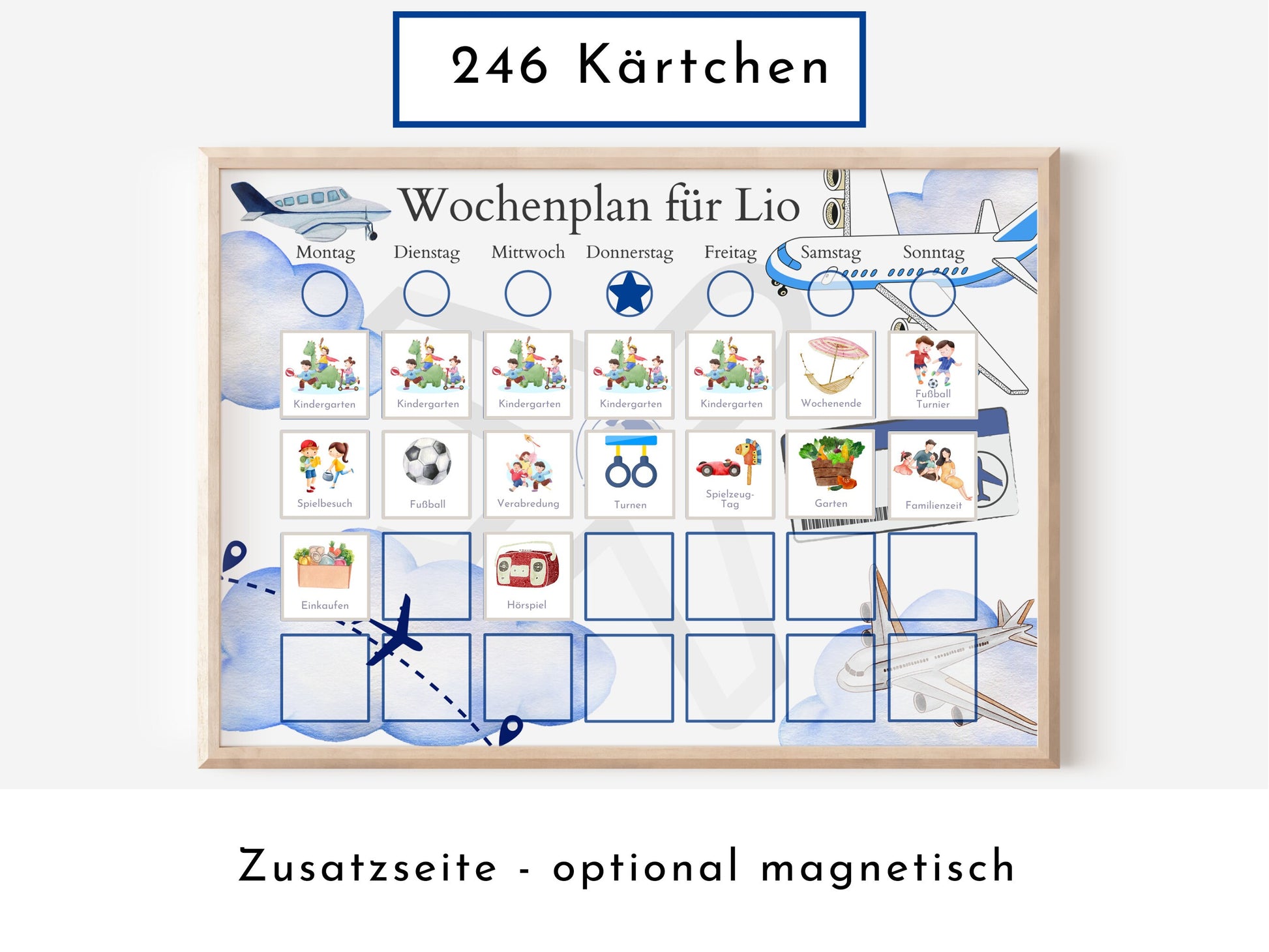 Personalisierter Wochenplan "Flugzeuge" für Kinder, 246 Kärtchen, laminiert, magnetisch, Routineplan nach Montessori von Familie Nordstern