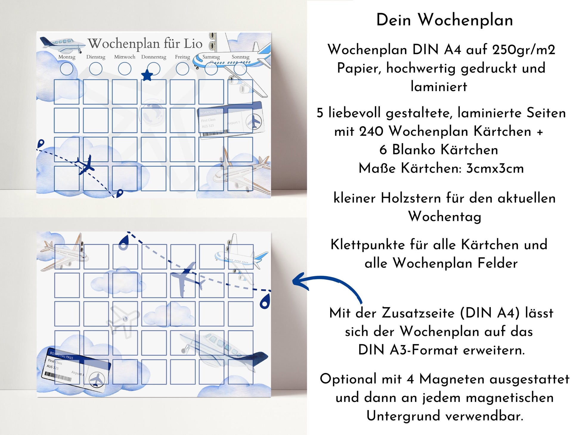 Personalisierter Wochenplan "Flugzeuge" für Kinder, 246 Kärtchen, laminiert, magnetisch, Routineplan nach Montessori von Familie Nordstern