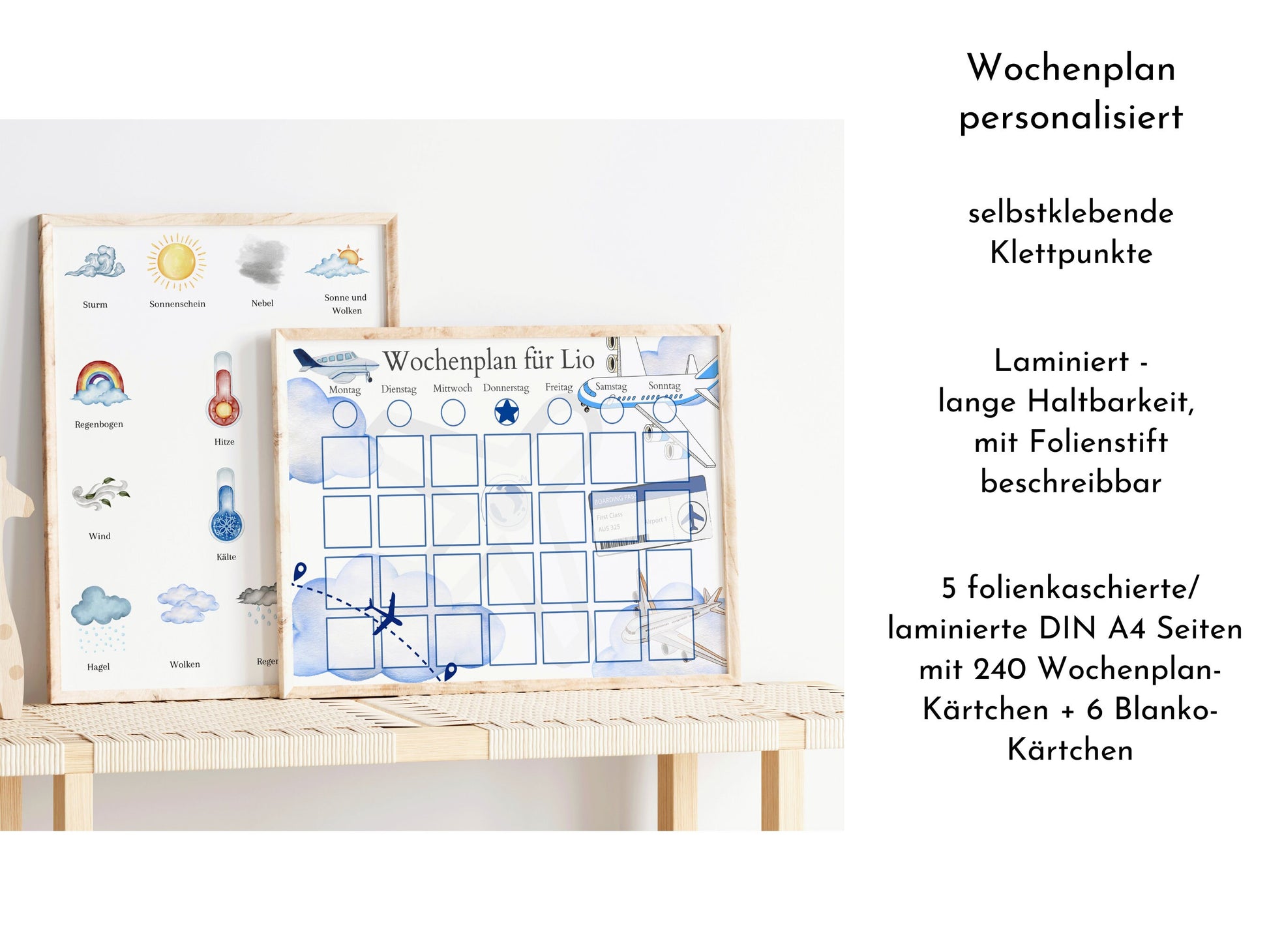 Personalisierter Wochenplan "Flugzeuge" für Kinder, 246 Kärtchen, laminiert, magnetisch, Routineplan nach Montessori von Familie Nordstern