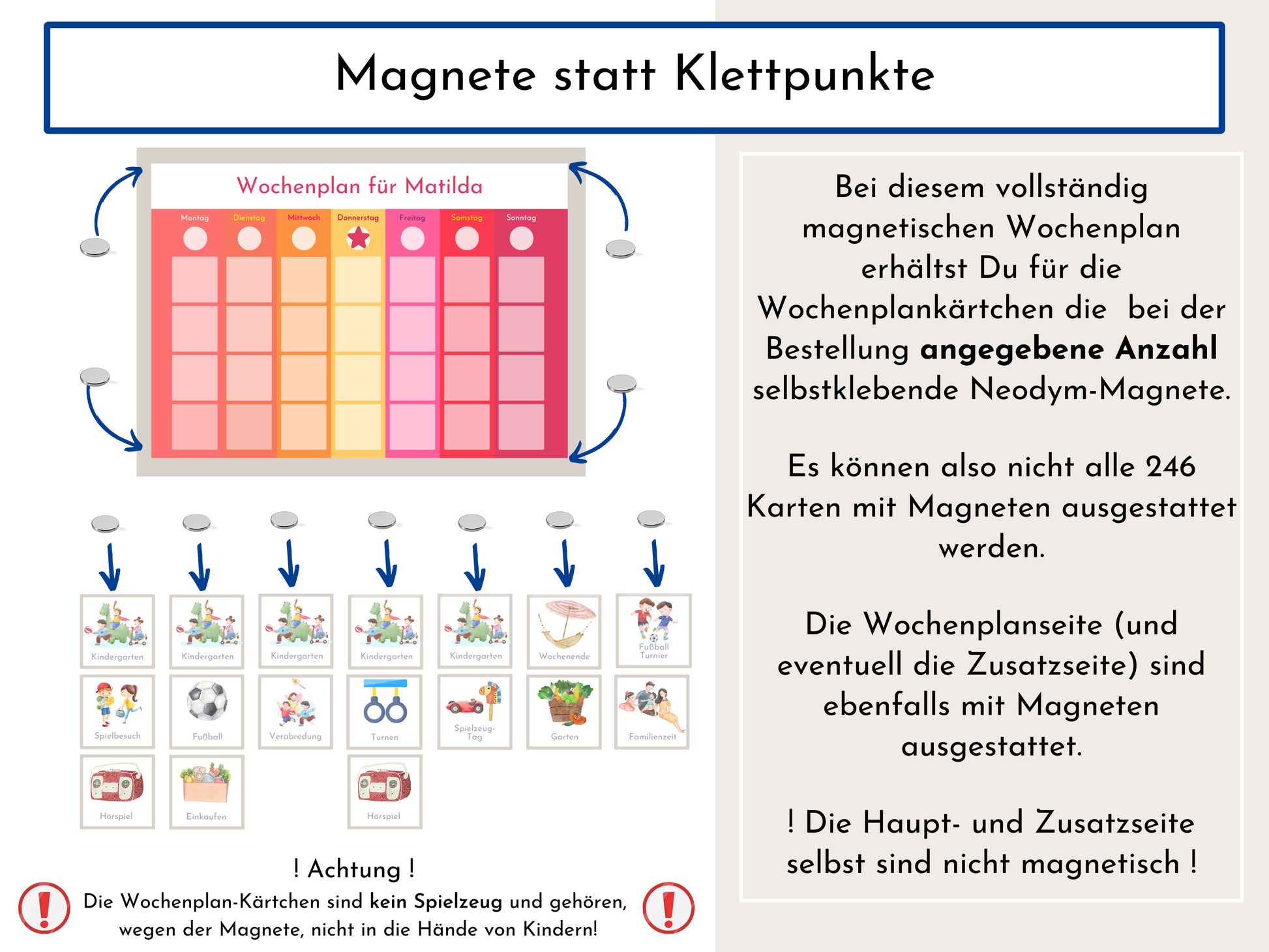 Magnetboard Wochenplan "Sonnenaufgang" personalisiert für Kinder und Teenager, 246 Routine Karten, Neodym-Magnete, Montessori Routineplan