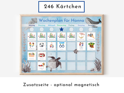 Wochenplan mir personalisierter Überschrift -mit Aquarell Bildern von Wal, Schildkröte, Qualle und weiteren Fischen -Hintergrund ist blau