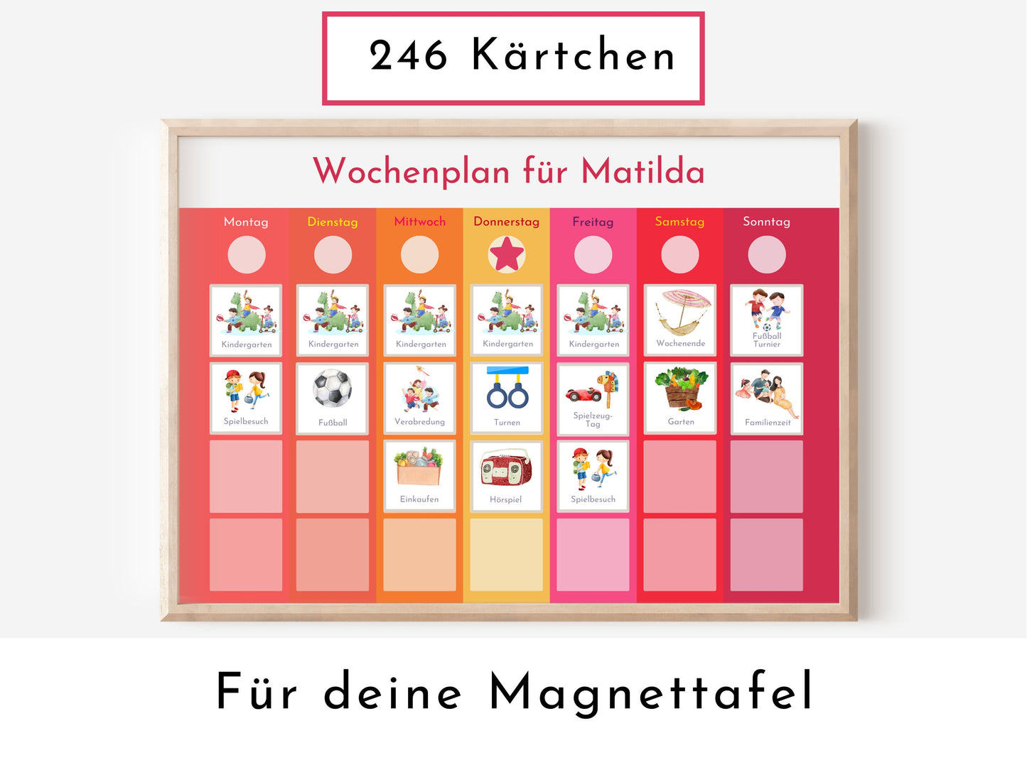 Magnetboard Wochenplan "Sonnenaufgang" personalisiert für Kinder und Teenager, 246 Routine Karten, Neodym-Magnete, Montessori Routineplan