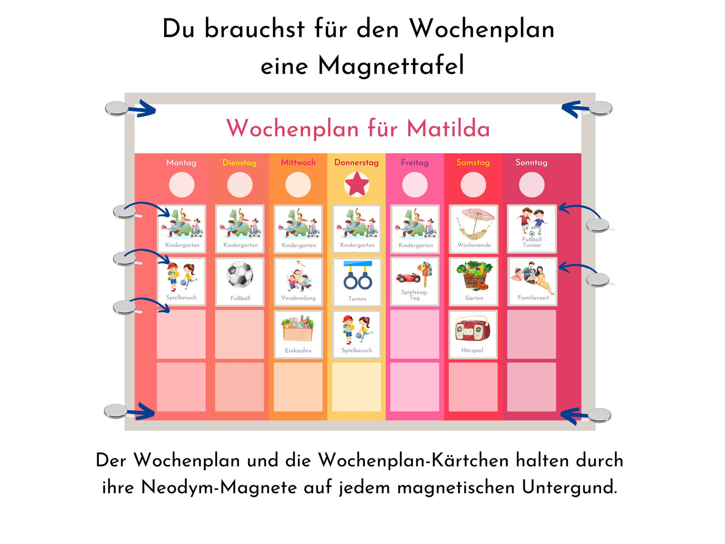 Magnetboard Wochenplan "Sonnenaufgang" personalisiert für Kinder und Teenager, 246 Routine Karten, Neodym-Magnete, Montessori Routineplan